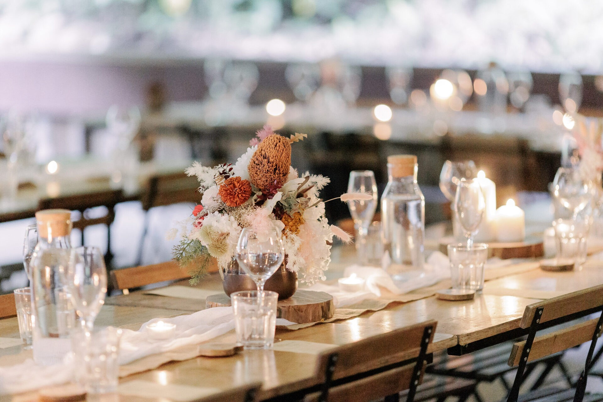 Barn wedding table decor close up