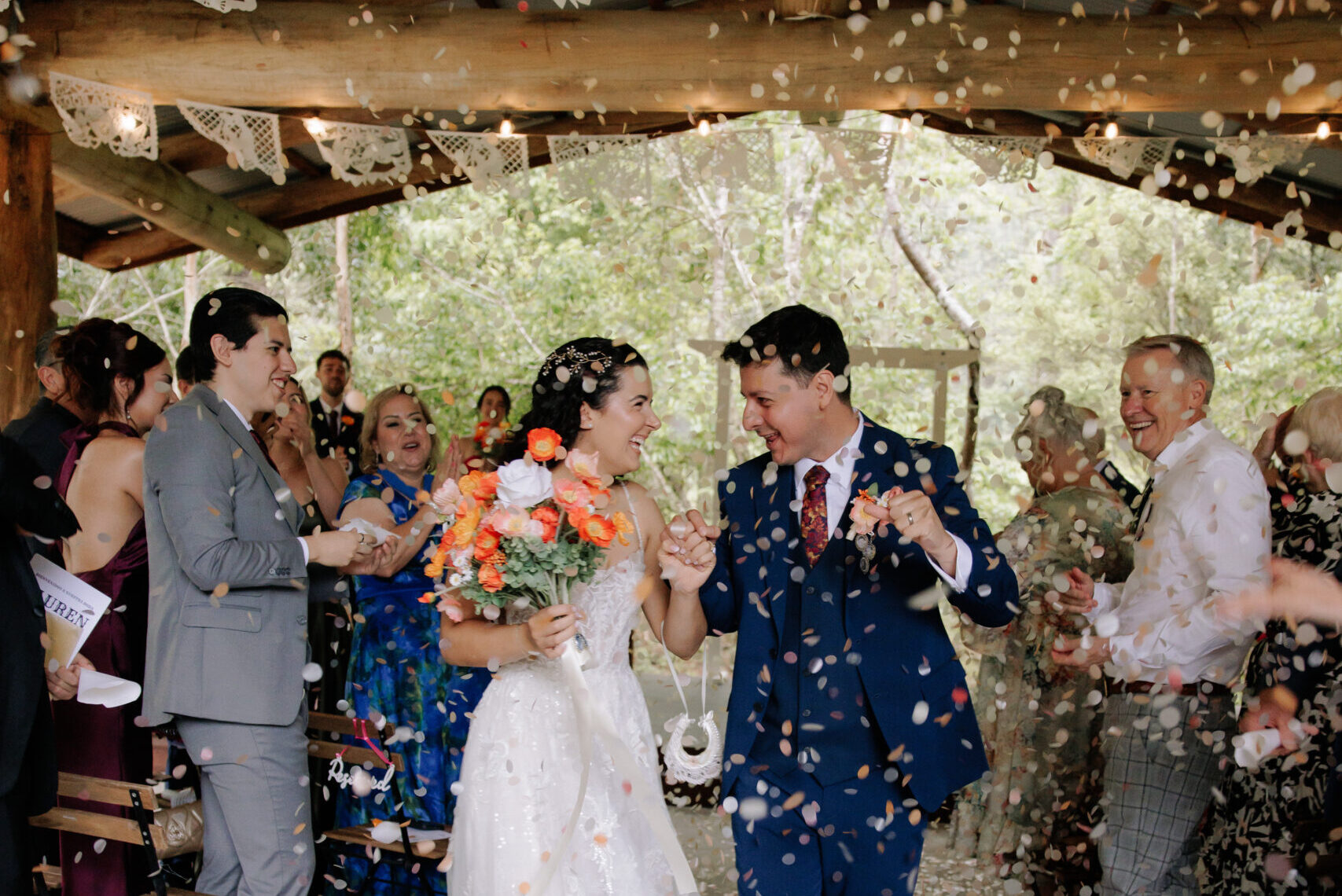 Couple celebrating their wedding weekend in the pavillion at Midginbil Eco Resort